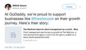 Nikhil Arora, Managing Director of GoDaddy India, tweets on Sitecook
