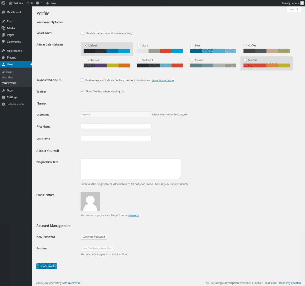 User’s profile screen