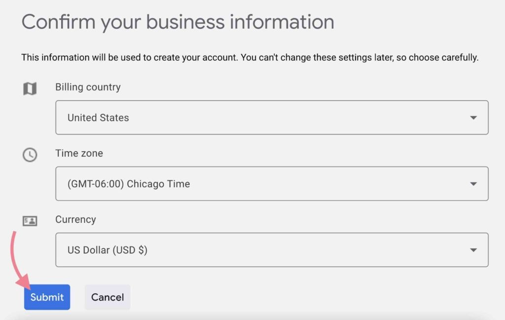 confirm your business information & submit