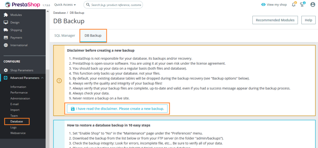 Backup of Prestashop