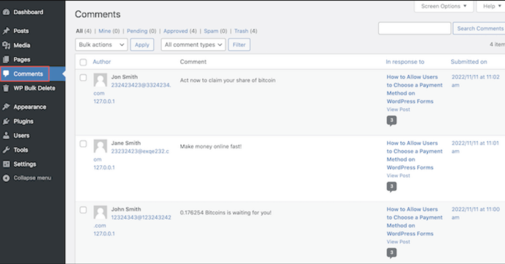 Purge comments for WordPress Database Performance