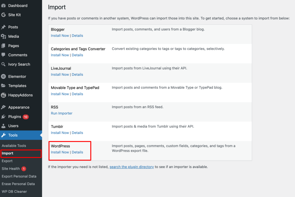 import to WordPress