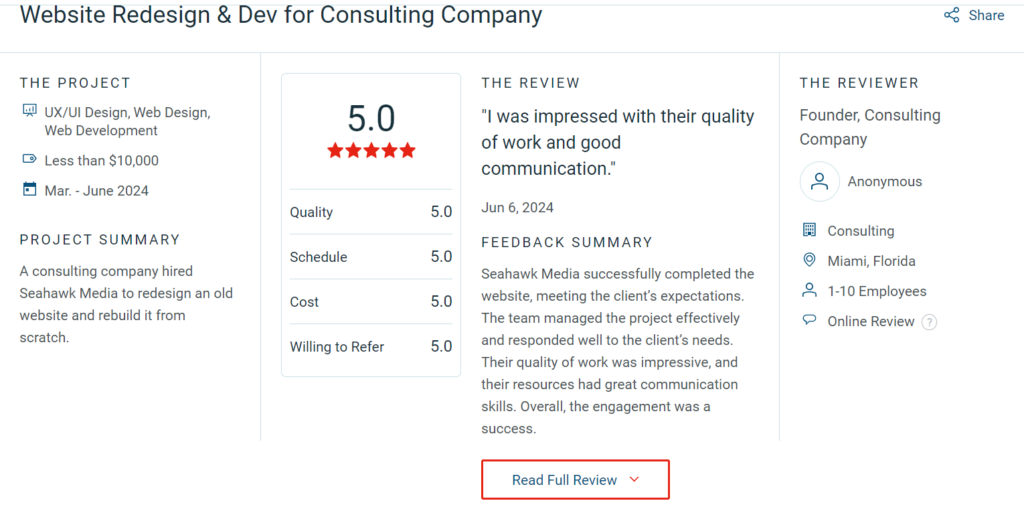 Seahawk's amazing clutch reviews for web design and development!