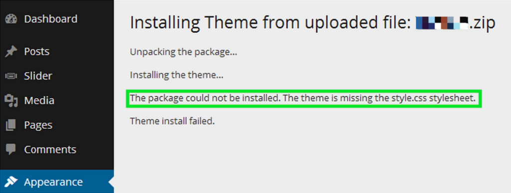 fix the package could not be installed. The theme is missing the style.css stylesheet