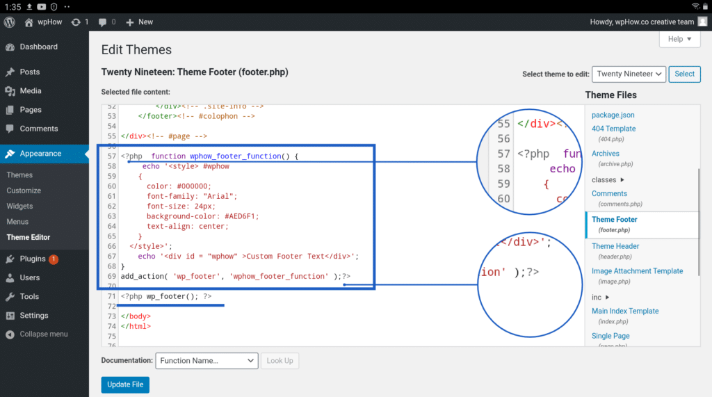 Editing the footer.php File