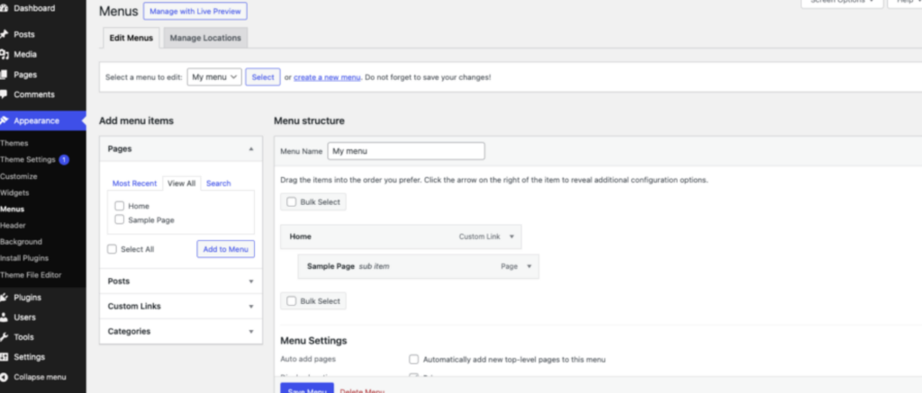 WordPress Menu with a Classic Theme